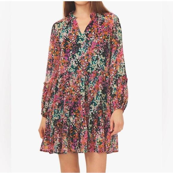 Vince Camuto floral bohemian Three Tier Mini Dress MEDIUM BLACK/Multi womens - Picture 1 of 12